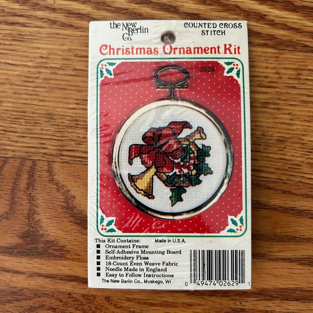 Vintage 80s christmas ornament cross stitch kit french horn, holly, ribbon diy